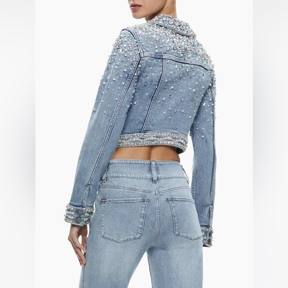 ALICE + OLIVIA Nelson Embellished Beaded Cropped Fitted Denim Jean Jacket Sm NEW - Picture 5 of 16